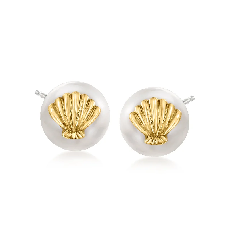 Stud Earrings with Enamel -Ross-Simons 8.5-9mm Cultured Pearl Seashell Stud Earrings in 14k Yellow Gold With Sterling Silver