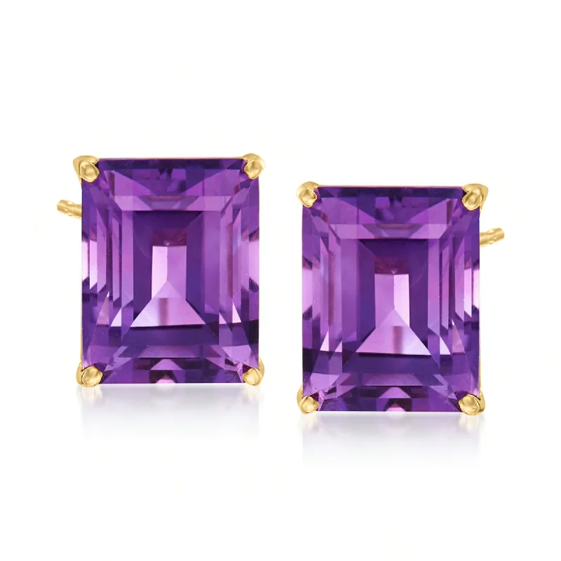 Stud Earrings with Textured Surface -Ross-Simons Emerald-Cut Amethyst Stud Earrings in 14kt Yellow Gold