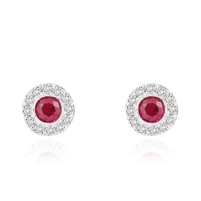 Leverback Stud Earrings for Comfort -Round Ruby and Diamond Stud Earrings