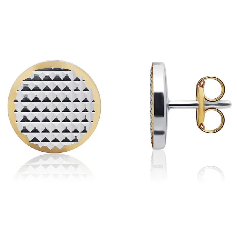 Stud Earrings with Etching -Round Two Tone Textured Disc Stud Earrings