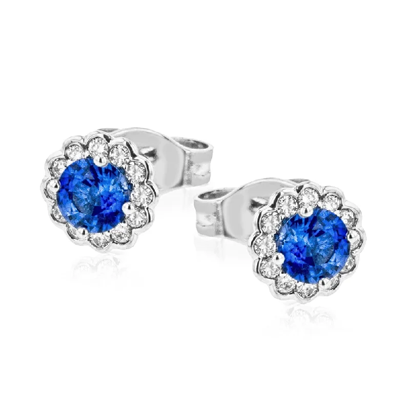 Stud Earrings for Birthday Celebration -Sapphire and Diamond Floral Stud Earrings