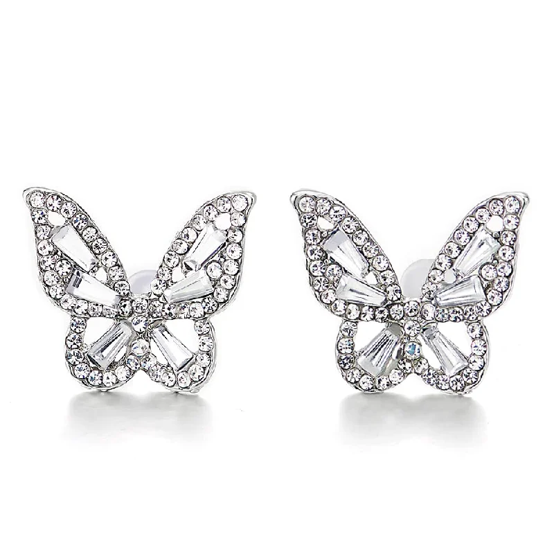 Stud Earrings with Textured Surface -Shinny Butterfly Stud Earrings with Crystals and Rhinestones