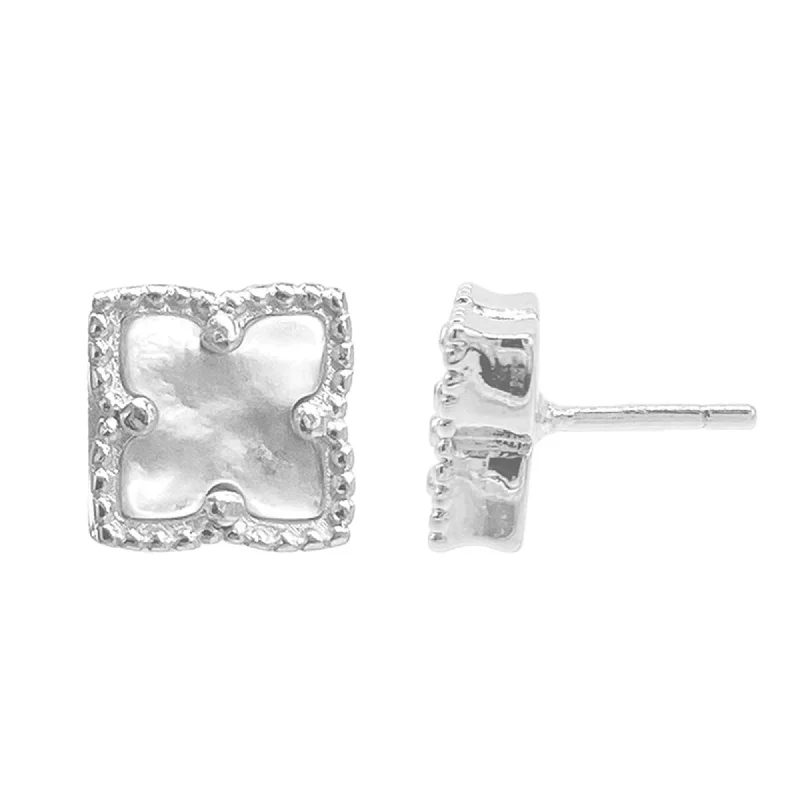 Stud Earrings with Crown Designs -Silver Plated Flower White Mother-of-Pearl Stud Earrings