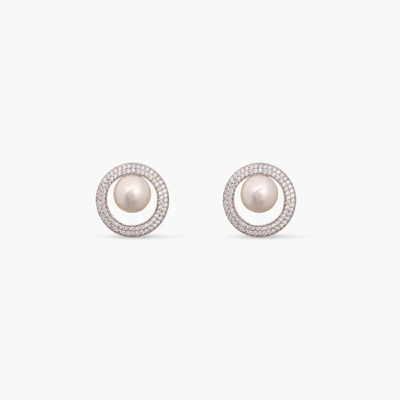 Maximalist Stud Earrings for Bling -Simple Halo Pearl CZ Stud Earrings