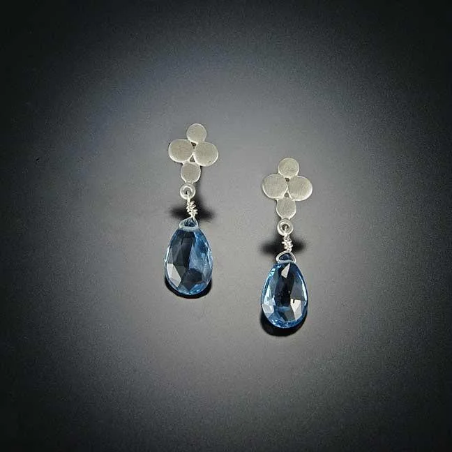 Stud Earrings for Office Wear -Small Multi Disk Stud Earrings with London Blue Topaz Drops