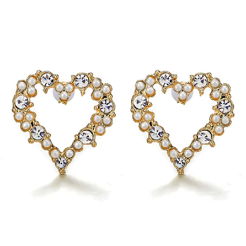 Stud Earrings for Graduation Day -Sparkling Gold Color Wreath Heart Stud Earrings with Pearl and Rhinestone