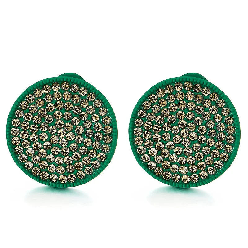 Detachable Stud Earrings with Charms -Sparkling Green Disc Circle Statement Stud Earrings with Grey Rhinestones Cluster