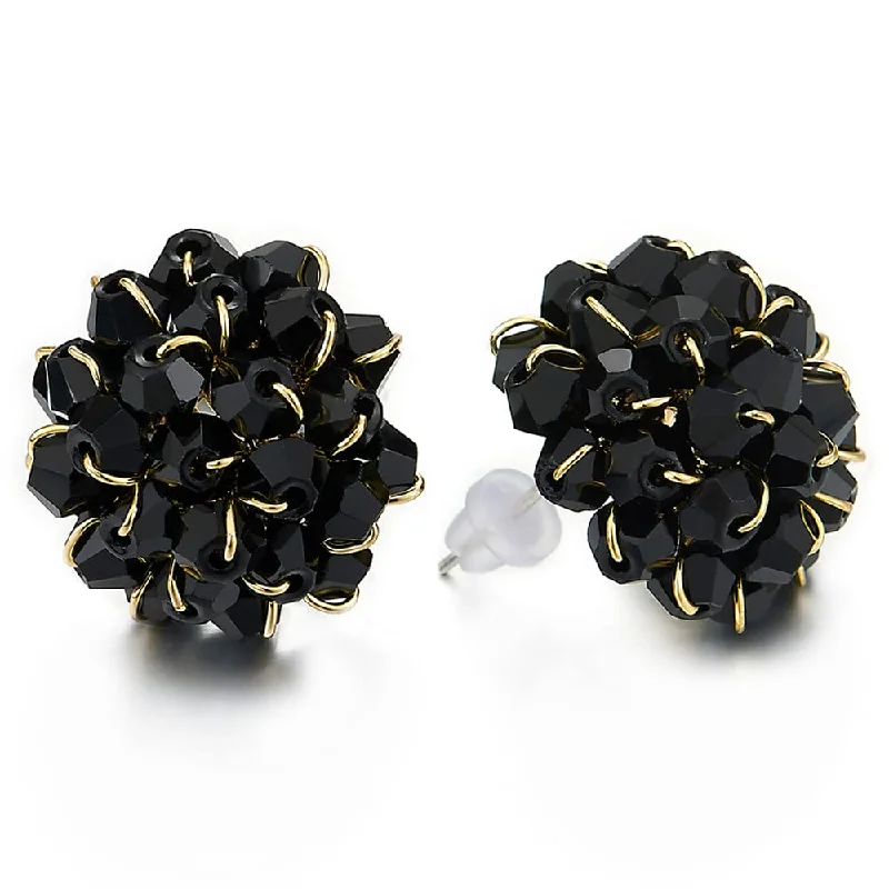 Stud Earrings with Chevron Designs -Special Gold Color Black Cluster of Flower Petals Stud Earrings Crystals