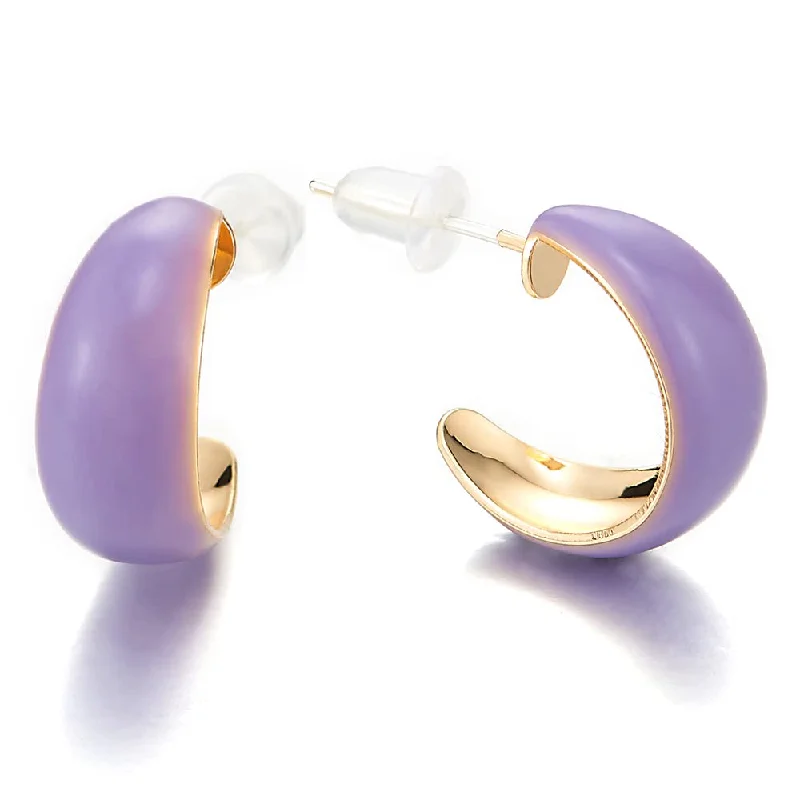 Stud Earrings for Concert Look -Special Rose Gold Open Circle Hoop Huggie Hinged Stud Earrings with Purple Enamel