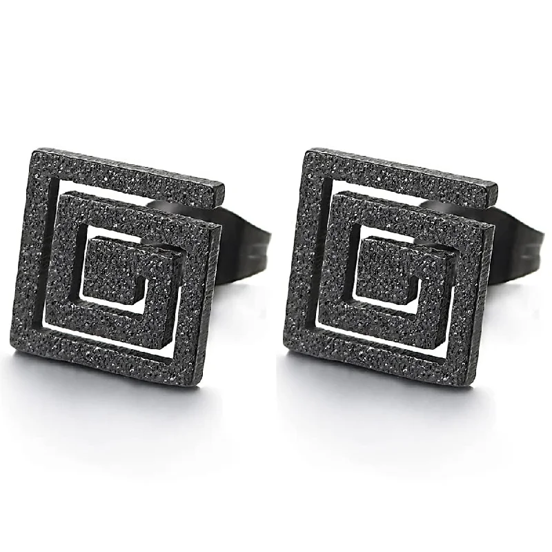 Floral Stud Earrings with Petals -Stainless Steel Satin Black Geometric Square Swirl Stud Earrings for Men for Women, 2pcs