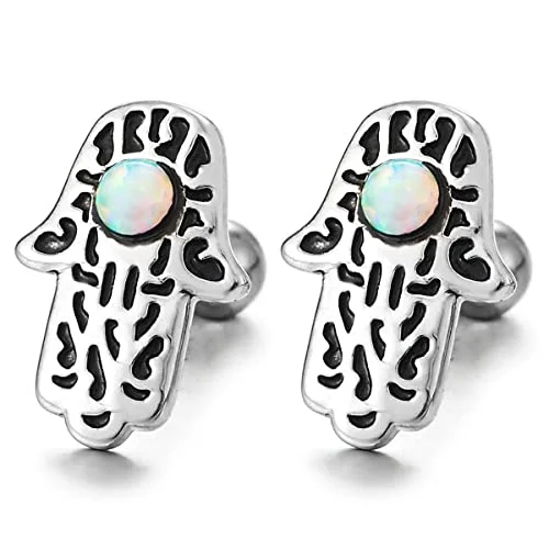 Stud Earrings for Everyday Glamour -Steel Men Womens Hamsa Hand of Fatima Stud Earrings with Gem Stone Bead Screw Back