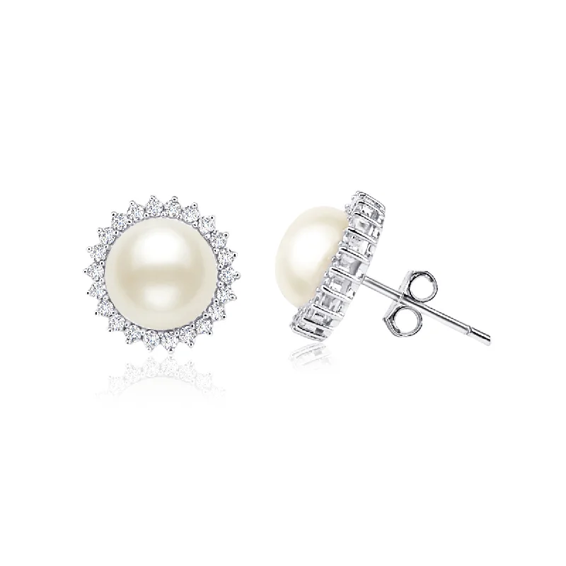 Heart Shaped Stud Earrings for Love -Sterling Silver Cultured 7-7.5mm Button Pearl Halo Stud Earrings