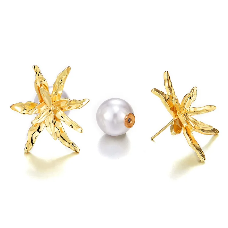 Stud Earrings for Fitness Activities -Striking Firework Flower Petals Gold Color Statement Stud Earrings with Pearl Two-layers Stud