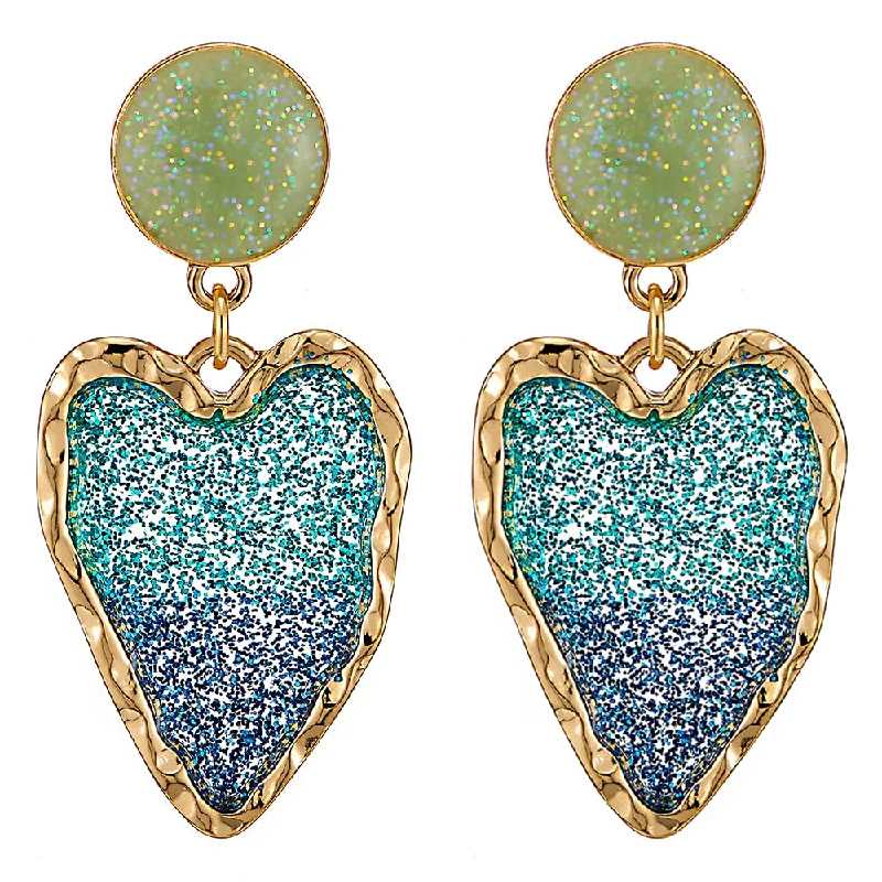 Stud Earrings with Filigree -Striking Rose Gold Circle Heart Statement Drop Dangle Stud Earrings with Blue Green Enamel