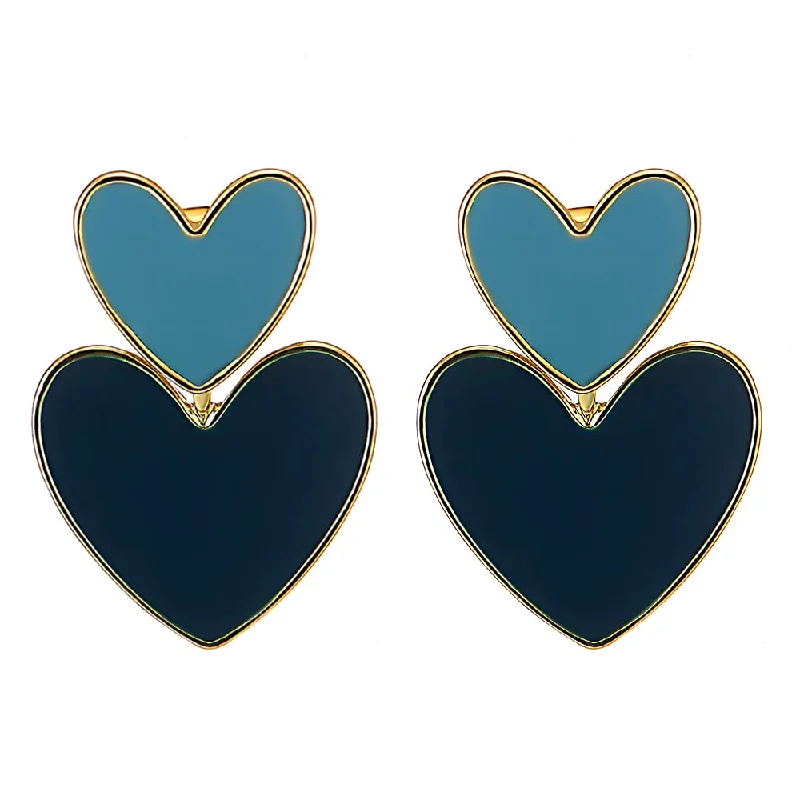 Stud Earrings for Casual Outfit -Stylish Double Hearts Gold Color Statement Drop Dangle Stud Earrings with Blue Enamel