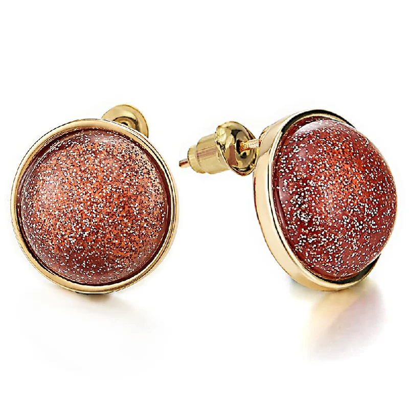 Double Stud Earrings for Impact -Stylish Gold Color Circle Stud Earrings with Glitter Sand Gem Stone