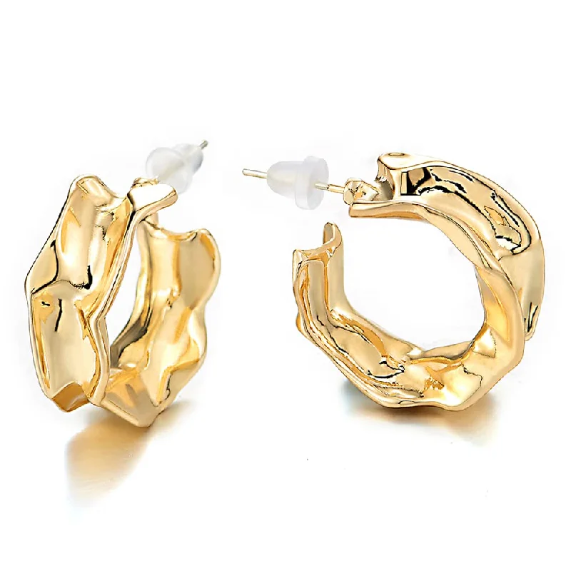 Stud Earrings for School Uniform -Stylish Gold Color Irregular Concave Grooved Circles Statement Hoop Huggie Hinged Stud Earrings