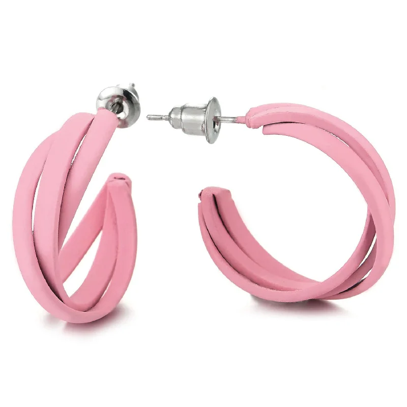 Minimalist Stud Earrings with Simplicity -Stylish Pink Braided Stripes Statement Hoop Huggie Hinged Stud Earrings