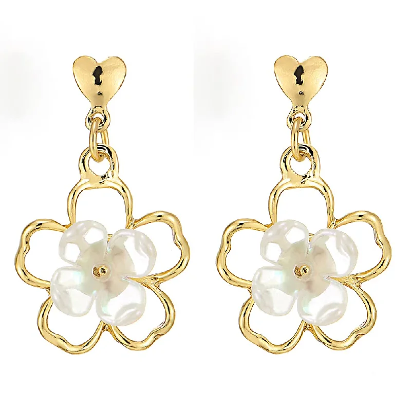 Stud Earrings with Keyhole Designs -Summer Fashion Gold Color Open Flower Frame Drop Dangle Stud Earrings with Acrylic Petals