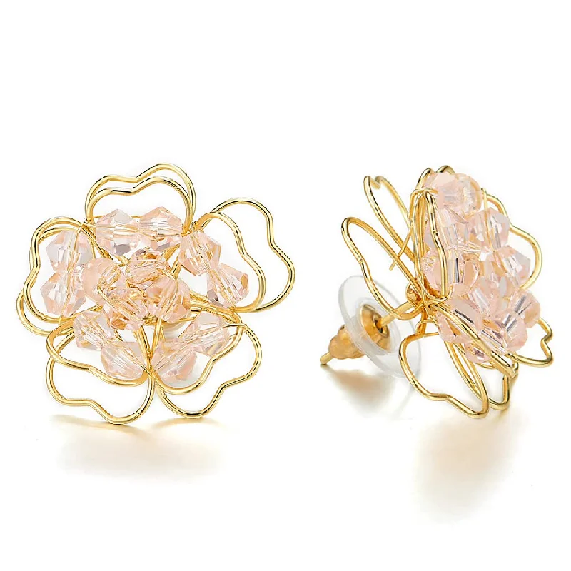 Stud Earrings for Bridesmaids Look -Summer Fashion Gold Color Two-Layers Flower Frame Stud Earrings with Pink Crystals