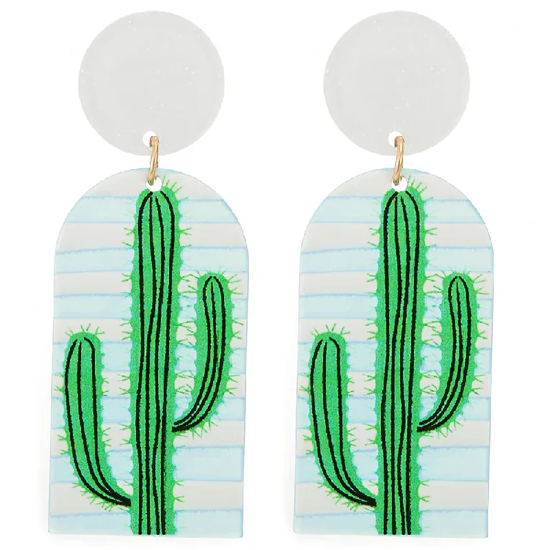 Stud Earrings with Debossed Designs -Summer Fashion White Green Stripes Cactus Long Drop Dangle Stud Earrings Acrylic