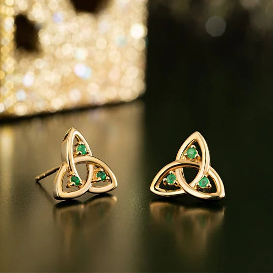 Stud Earrings with Infinity Symbols -Triquetra & Emeralds Stud Earrings - 14k Gold