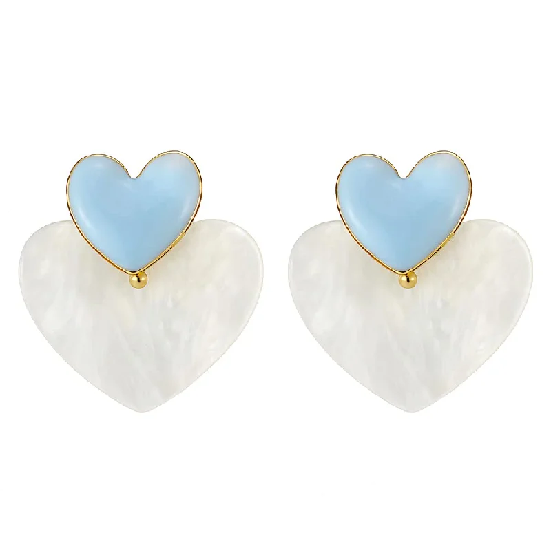 Stud Earrings for Anniversary -Two Stacking Hearts Gold Color Statement Drop Dangle Stud Earrings, Mother of Pearl, Blue Enamel