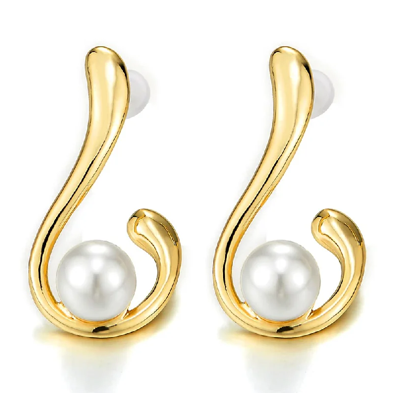 Stud Earrings for Evening Gown -Unique Gold Color Hook Stud Earrings with Pearl Swirl