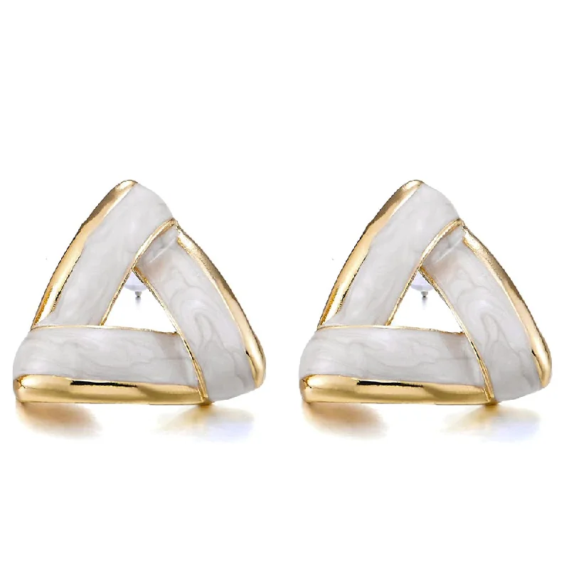 Tarnish Resistant Stud Earrings for Longevity -Unique Gold Color Triangle Statement Stud Earrings with Shinny Cream Enamel