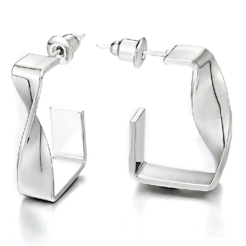 Screw Back Stud Earrings for Security -Unique Half Open Twisted Ribbon Statement Hoop Huggie Hinged Stud Earrings Rectangle