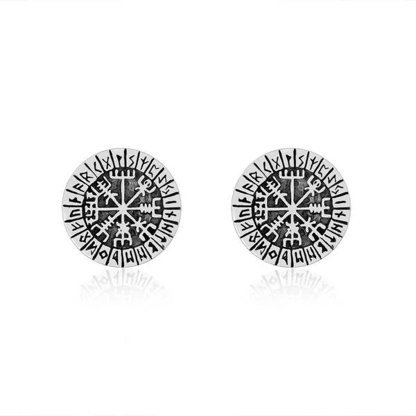 Stud Earrings for Birthday Celebration -Vegvisir and Runes Stud Earrings - Sterling Silver