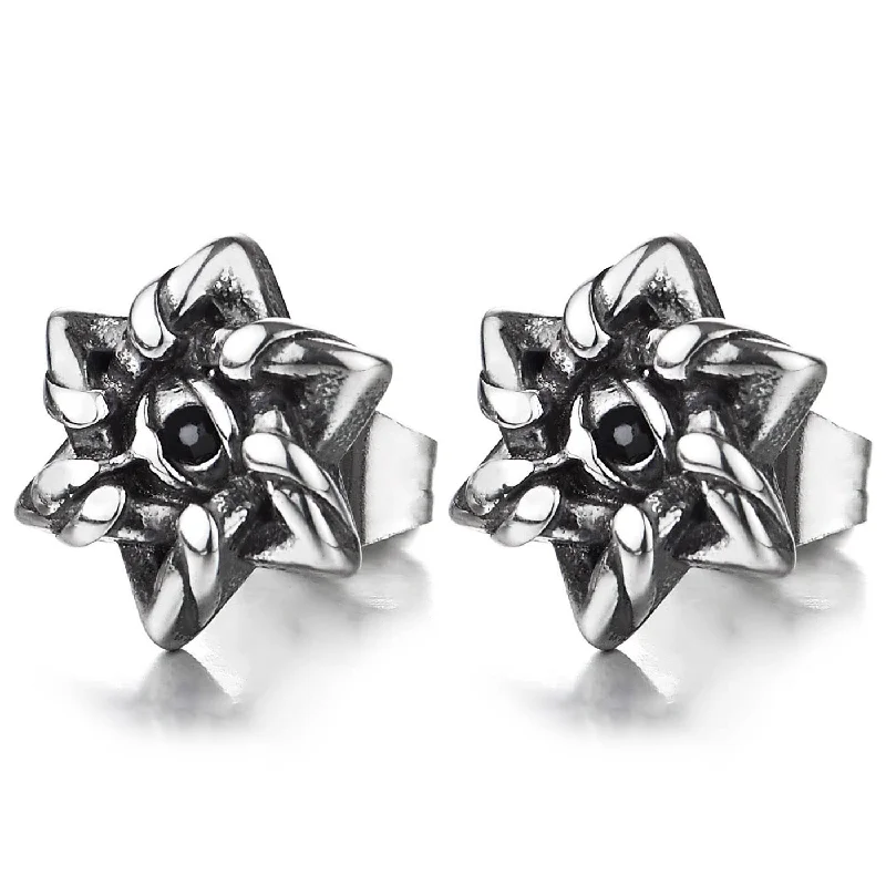 Stud Earrings for Anniversary -Vintage Stainless Steel Star-of-David Stud Earrings with Black Cubic Zirconia, Mens Womens, 2pcs