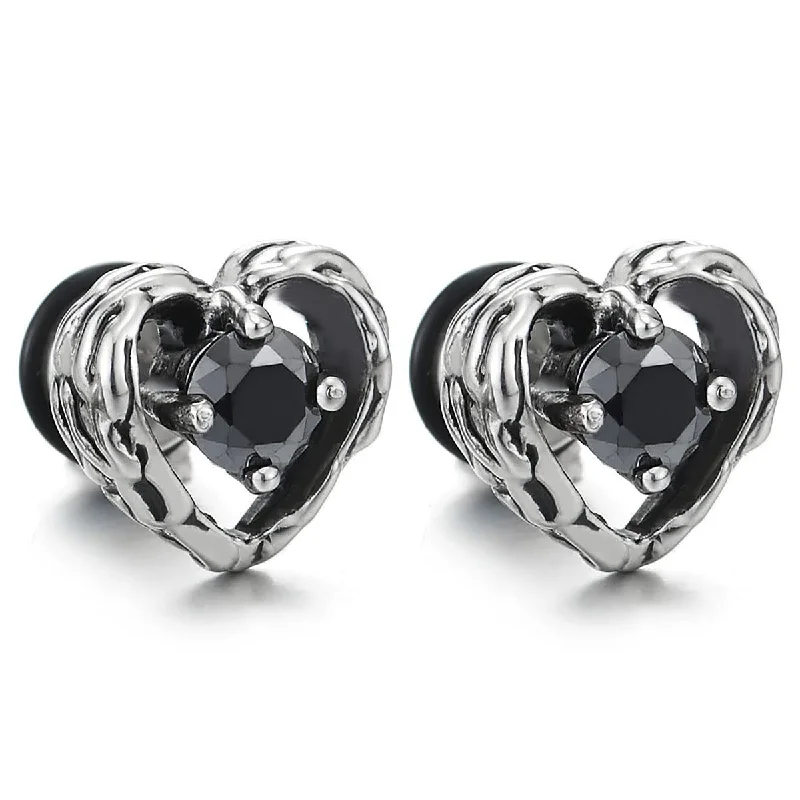 Stud Earrings for Engagement Party -Vintage Steel Womens Tribal Pattern Heart Stud Earrings with Black Cubic Zirconia, Screw Back, 2 pcs