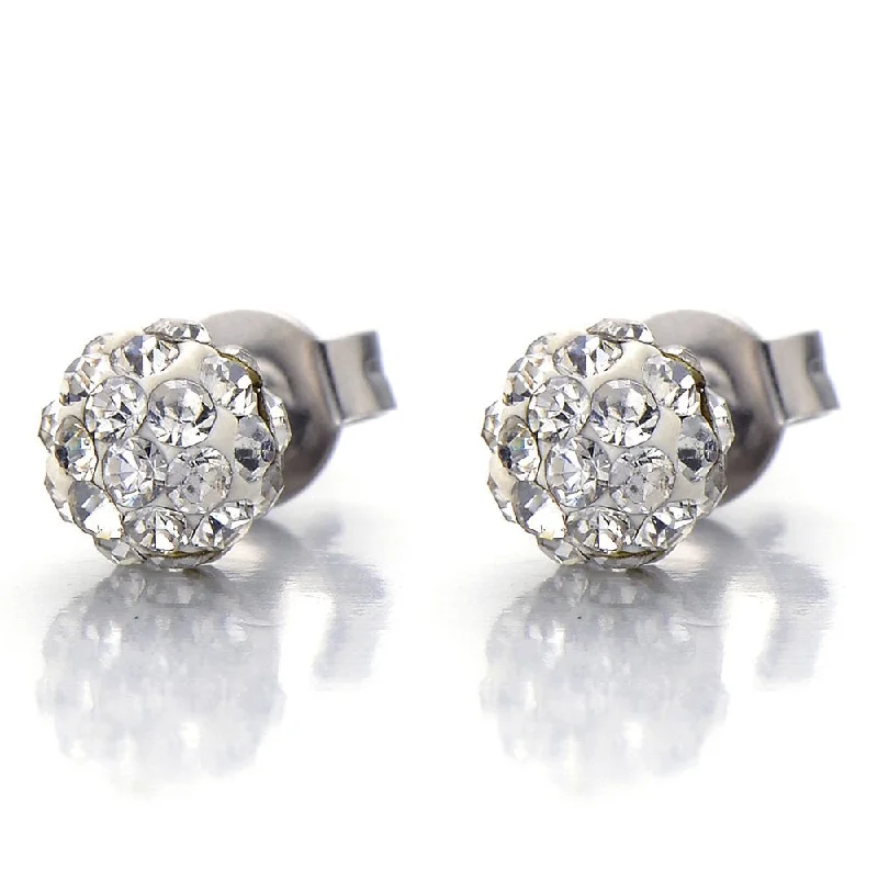 Stud Earrings for Office Wear -WHITE Cubic Zirconia Stainless Steel Womens Ball Stud Earrings, 2pcs