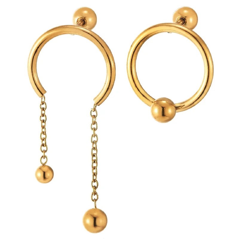 Stud Earrings for Formal Attire -Women Stainless Steel Gold Color Bead Stud Earrings with Open Circle and Dangling Chains, Screw Back