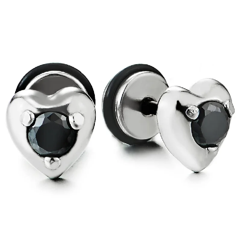 Stud Earrings with Floral Motifs -Women Steel Heart Stud Earrings with Black Cubic Zirconia, Screw Back