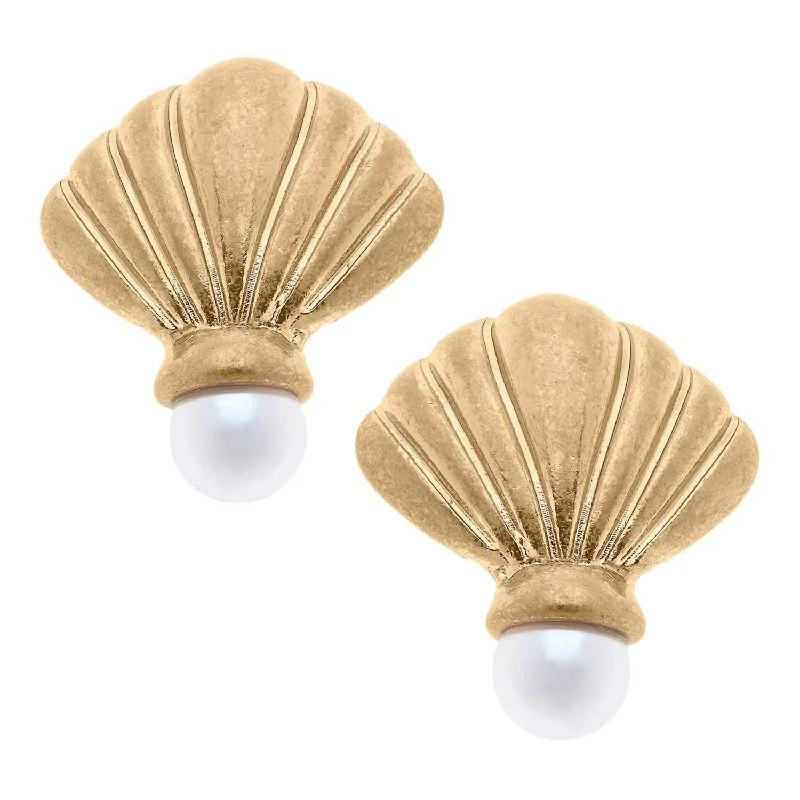 Hippie Stud Earrings with Beads -Women's Georgette Coquille Stud Earrings In Worn Gold