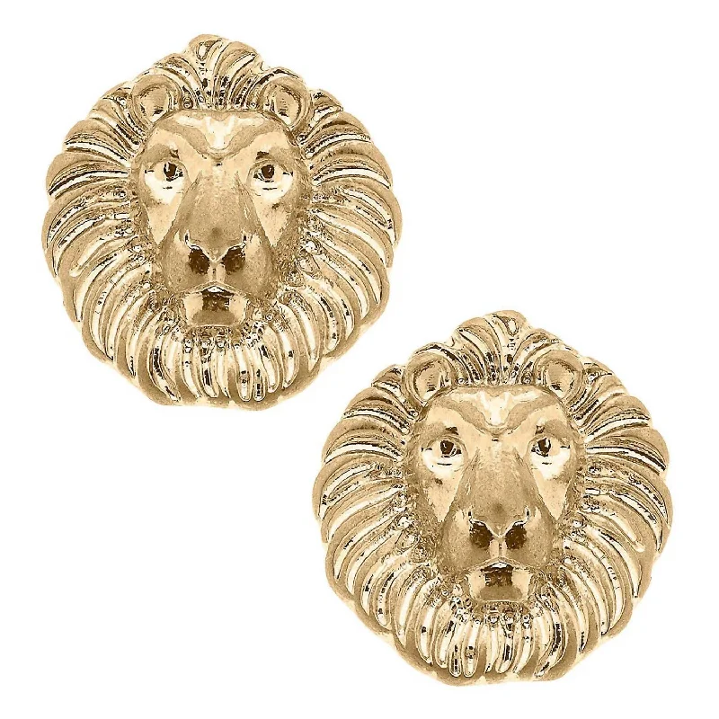 Ethnic Stud Earrings with Tribal Design -Women's Louise Lion Head Stud Earrings In Worn Gold