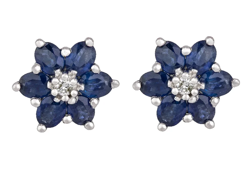 Stud Earrings for Gym Workout -Women's EFFY 14K White Gold 0.06ctw Diamond & Blue Sapphire Flower Stud Earrings