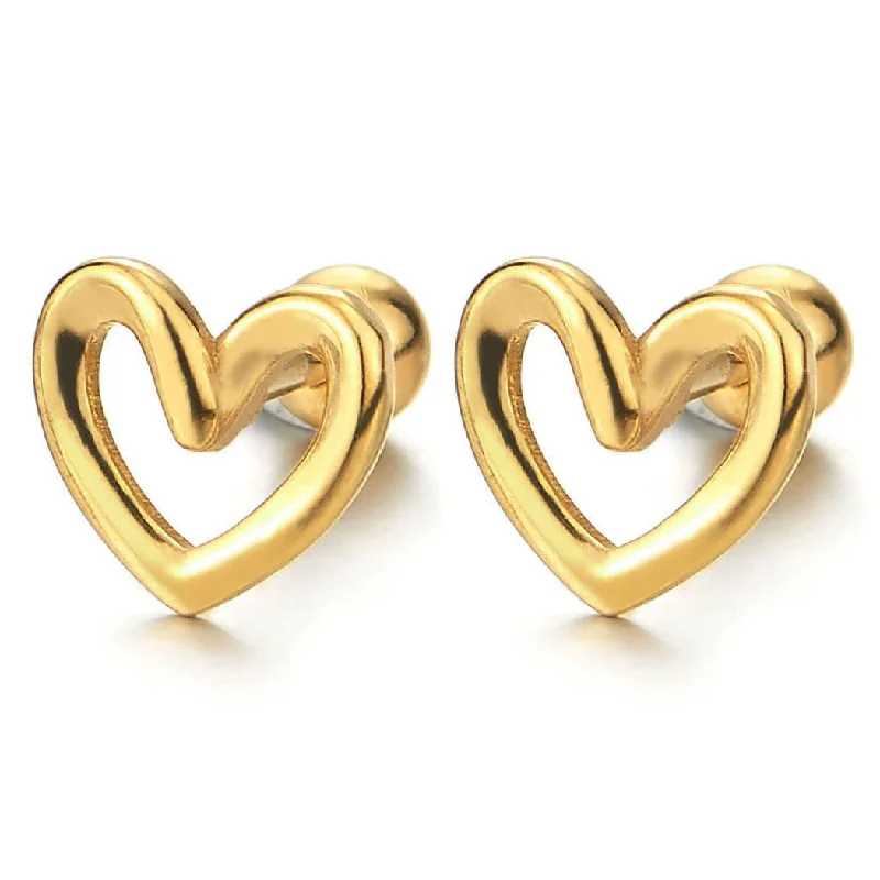 Stud Earrings for Birthday Celebration -Womens Stainless Steel Gold Color Open Heart Stud Earrings, Screw Back, 2Pcs