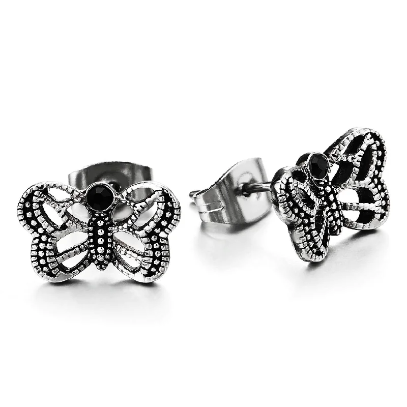 Stud Earrings with Leaf Motifs -Womens Stainless Steel Pair Vintage Dotted Flying Butterfly Stud Earrings with Black Cubic Zirconia