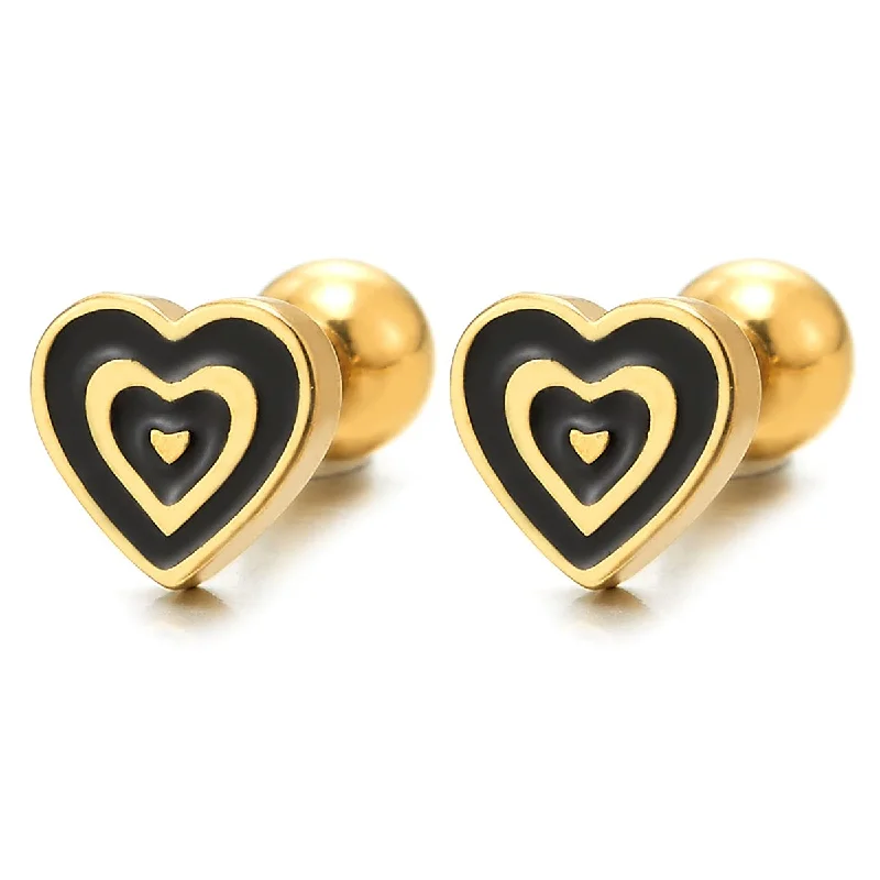 Adjustable Stud Earrings for Custom Fit -Womens Stainless Steel Small Gold Color Swirl Heart Stud Earrings with Black Enamel, Screw Back 2Pcs