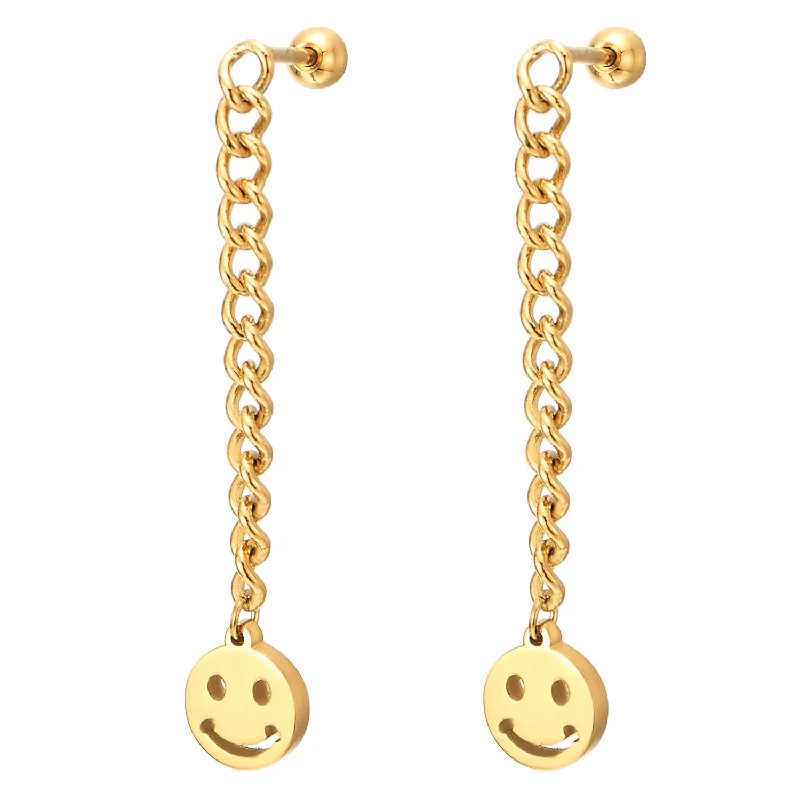 Stud Earrings with Abstract Designs -Womens Steel Gold Color Ball Stud Earrings Long Chain Dangling Smiling Face Circle Charm, Screw Back