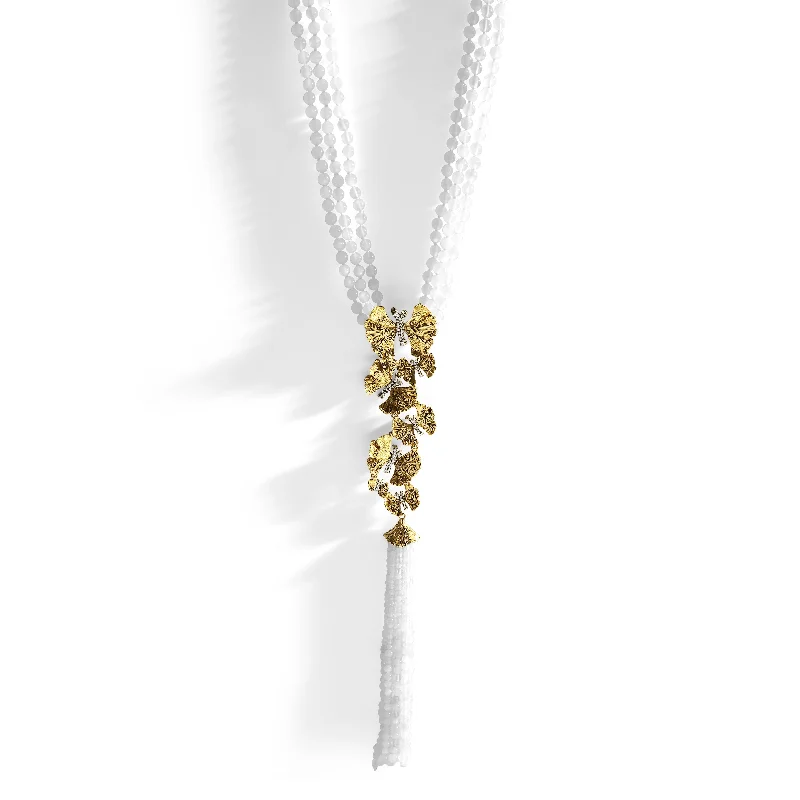 Unique necklaces and pendants with gemstones for a colorful and vibrant statement-Butterfly Ginkgo Tassel Necklace with Moonstone and Diamonds