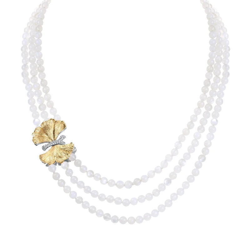 Stylish necklaces and pendants with diamonds for a glamorous and elegant look-Butterfly Ginkgo Multi Strand Necklace with Moonstone and Diamonds