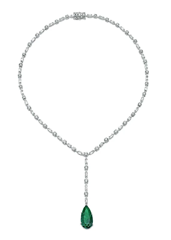 Trendy necklaces and pendants with geometric shapes for a modern aesthetic-DIAMOND LINE AND EMERALD LARIAT NECKLACE