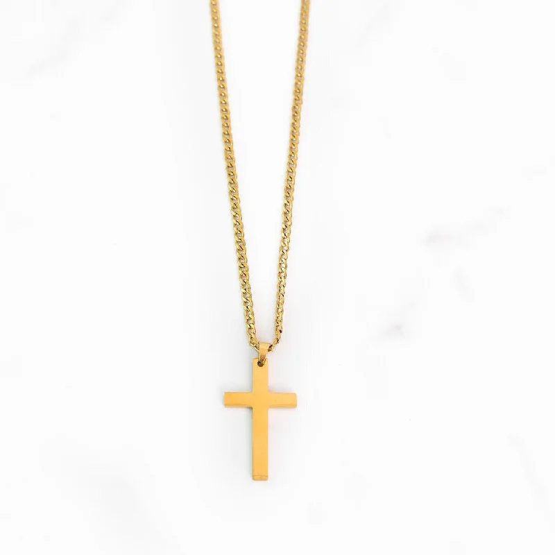 Unique necklaces and pendants with custom birthstone arrangements for personalization-Flat Gold Cross Chain