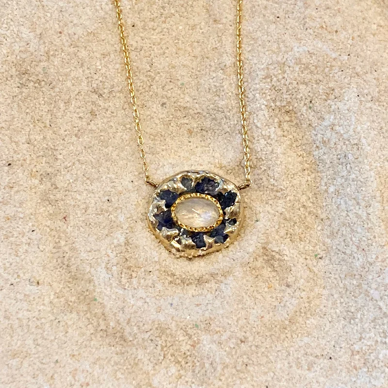 Necklaces and pendants with clear quartz for a pure and radiant look-Luna 14K Gold Raw Sapphires and Faceted Moonstone Necklace