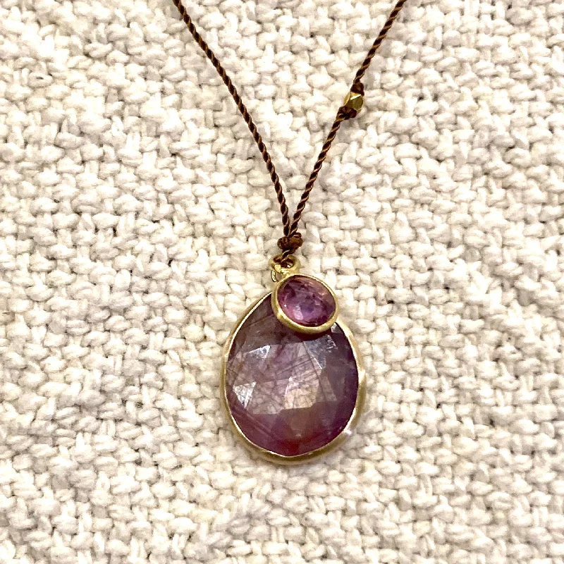 Elegant necklaces and pendants with diamond accents for added sparkle-One of a Kind 14K Gold Framed Ruby and Sapphire on Cord Necklace