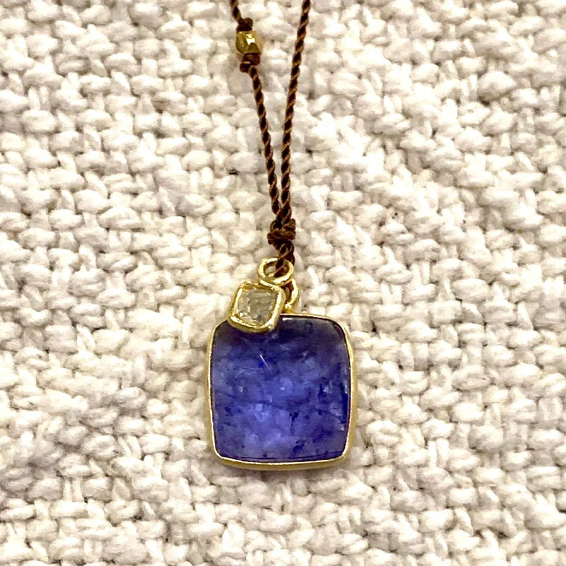 Fashionable necklaces and pendants with birthstones for a personalized gift idea-One of a Kind 14K Gold Framed Tanzanite with Diamond on Cord Necklace